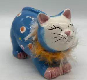 Dolomite Kitsch Kitty Blue Orange Boa Polka Dots Ceramic Glam Cat Figurine - Picture 1 of 12