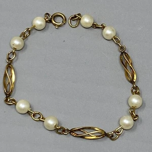 Vtg Faux Pearl Bracelet 1/20 12K Gold Filled Chain Twist Open Links Cream Beads - Picture 1 of 11
