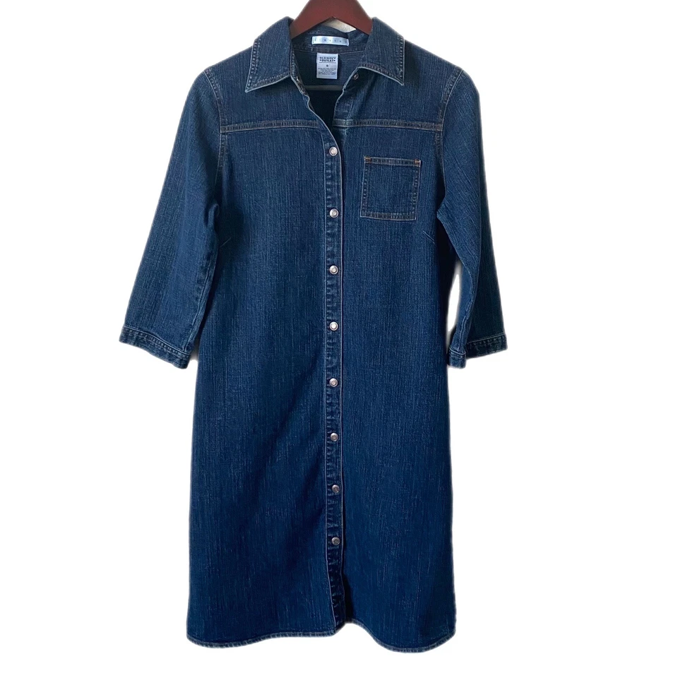 VINTAGE Shirt Dress Denim Snap Front Buttons Pockets 3/4 Sleeve Sz S - Image 1 of 4
