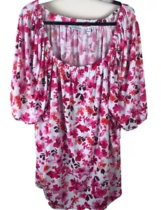 Susan Graver donna taglia 3X maglia liquida collo quadrato pull over rosa floreale - Foto 1 di 8