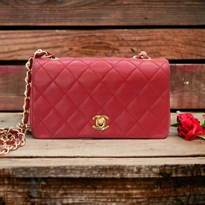 Vintage CHANEL Red Flap Mini Rectangle Bag Gold Hardware - Picture 1 of 17