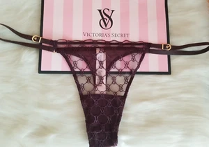 VICTORIA'S SECRET VS LOGO EMBROIDERY THONG PANTY FAUX LEATHER BURGUNDY BROWN XL - Picture 1 of 13
