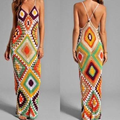 Moda Hecho a Mano Crochet Vestido Vestido Bohemio Multicolor Vestido Sexy Vestido Largo Foto 1 de 4