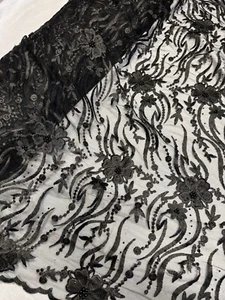 1 mtr black embroidered pearl scalloped bridal tulle net fabric 52” wide - Picture 1 of 5