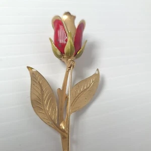 Damen Vintage Brosche langer Stiel rot rose Emaille goldfarben Schmuck - Bild 1 von 6
