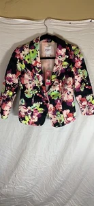 NEU CANDIES SCHWARZ ROSA GRÜN MEHRFARBIG BLUMENKRAGEN BLAZER MANTEL JACKE M - Bild 1 von 4