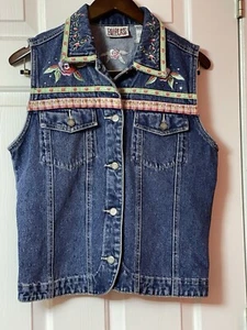 1990s Bill Blass Embroidered And Embellished Denim Sleeveless Best In Size PM - Picture 1 of 8