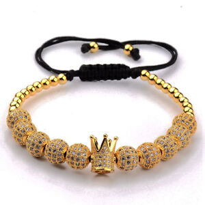 Luxury Men's Micro Pave CZ Ball Crown Braided Adjustable Bracelets Charm GIft