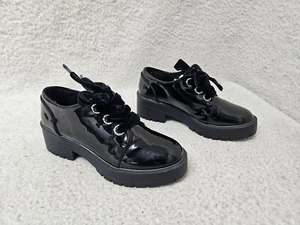 Forever 21 Women Oxford 6 Black Patent Leather Lace Up Chunky Heels Casual Shoes - Picture 1 of 24