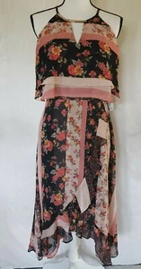 Kensie Mixed Print Ruffled Gold Bar Neck Detail Hi-Lo Dress Size 8 MSRP $118 New - Picture 1 of 8