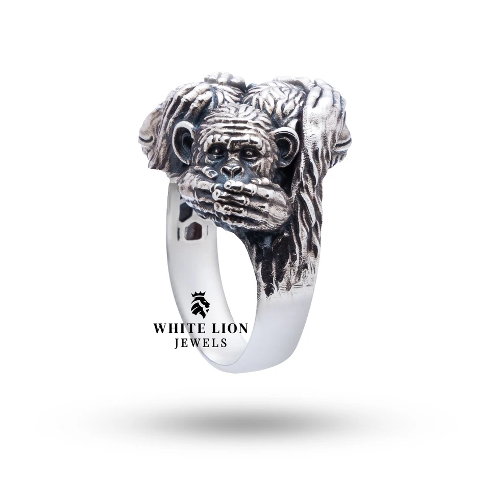 Three Wise Monkeys No Evil Speak Hear See 925 Silver Oxidized Men Biker Ring - Image 1 of 4
