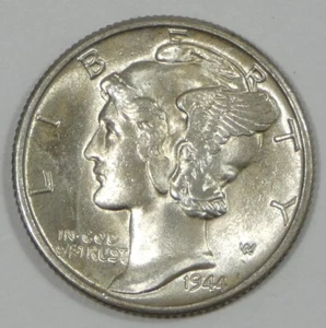 Moneda de diez centavos Mercury 1944-D bonita plata brillante sin circular 10c ~ bandas completas - Imagen 1 de 4
