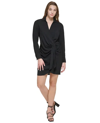 Vestido negro envolvente sintético con cuello manga larga talla grande Calvin Klein para mujer $129 Foto 1 de 4