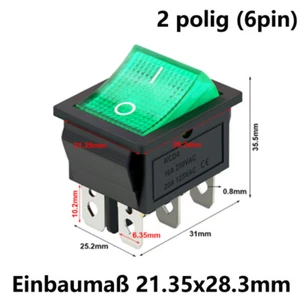 Wippschalter, Umschalter, Kippschalter, Geräteschalter 6-pin 16A 250VAC ~ grün - Picture 1 of 3