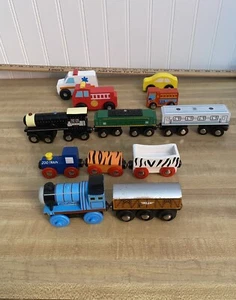 Preowned LOT Of Wooden Cars/3 Train Engines/5 Train Cars+4 Cars.Check Pictures. - Picture 1 of 13