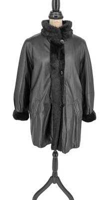 Abrigo de Cuero MARVIN RICHARDS PEQUEÑO Negro Reversible Piel Sintética Interior Cuello Puños Foto 1 de 4