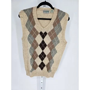 Classics Tan Pure Wool Argyle Geometric V-Neck Pullover Sweater Vest Size M - Picture 1 of 4