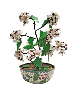 Vintage chinesischer Glas Jadeit Baum in Cloisonne Vase 9" - Bild 1 von 13