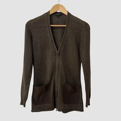 Lafayette 148 棕色 V 领针织长袖拉链开衫 P — 第 1/4 张图片