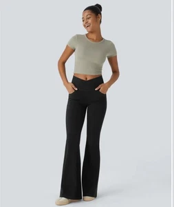 Halara Flex HighWaisted Crossover Pocket CoolTouch Washed Stretchy Flare Jeans-S - Picture 1 of 8