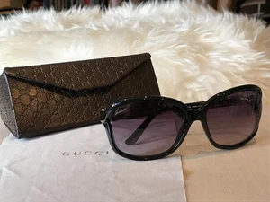 Gucci Women's Sunglasses Black Bamboo Temple Near Unused 61mm UV Block - Picture 1 of 20