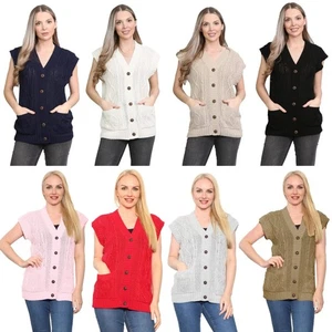 Womens Sweater Sleeveless Button Cable Knitted Grandad Cardigan Ladies Waistcoat - Picture 1 of 46