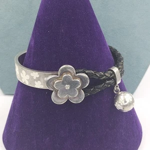 Silver Plated Bracelet Faux Leather Flower Enamel Charm Folli Follie - Picture 1 of 11