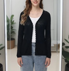 Frye Womens Cardigan Black Sweater Pointelle Long Sleeves Soft Cotton, Black, XL - Picture 1 of 7