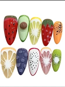 Handmade 10 Pcs Press On Nails, Fruit Fiesta, Medium Almond Shape, Size Large - Picture 1 of 4