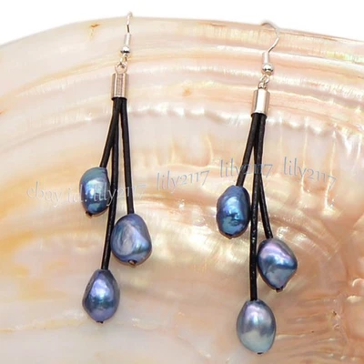 Pendientes de gancho colgantes de cuerda de cuero con perlas barrocas de agua dulce multicolores de 9-10 mm Foto 1 de 4