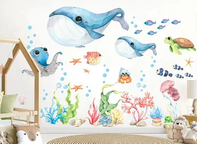 Baby Whale Family Underwater World Turtle Coral Jellyfish Wall Decal Sticker - Image 1 of 4