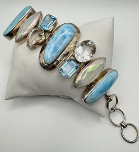 Wunderschönes schweres breites natürliches Larimar Edelstein-Knebelarmband für Damen Sterling - Bild 1 von 18