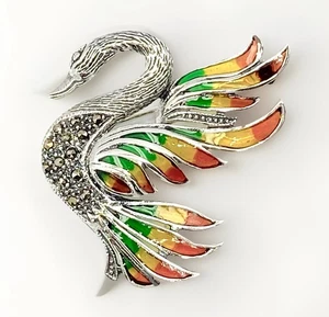 Silver Swan Brooch Pendant 925 Sterling Marcasite Plique a Jour 4 x 4cm New - Picture 1 of 4