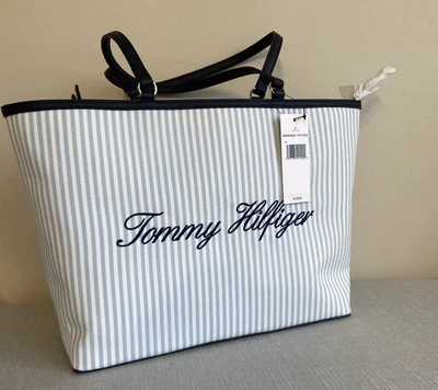 Tommy Hilfiger Striped Canvas Tote Shopper Shoulder Bag Blue /White Purse NWT - Image 1 of 4
