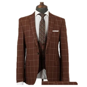 Men Suit Brown Notch Plaid Single-Breasted Classic Tuxedo Wedding Dinner Feast - Picture 1 of 18