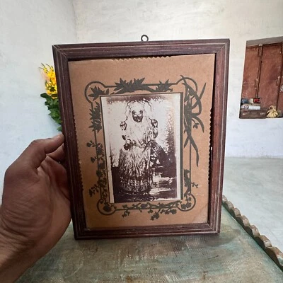 Vintage Rare Collectible Wooden Framed Religious Mata Black & White Photograph - Image 1 of 4