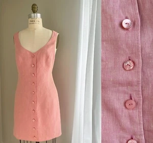 ESCADA Vintage 90s Summer Linen Mini Dress in Coral | sz M | Beach Dress - Picture 1 of 6