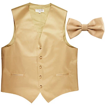 New Men's Formal Vest Tuxedo Waistcoat_Bowtie Beige wedding prom party costum - Image 1 of 3