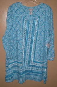 Catherines Women's Blue White Sequins 100% Cotton 3/4 Tunic Top 2X 22/24W NWT - Picture 1 of 4