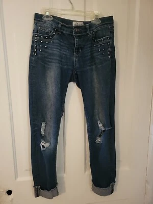 Pantalones de mezclilla azul con puños y tachuelas rasgados desgastados talla 12 Jordache para mujer Foto 1 de 4