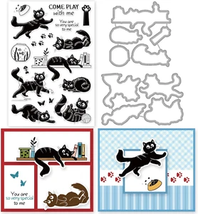 INFUNLY Cat Metal Cutting Dies and Clear Silicone Stamps for DIY Card Making - Picture 1 of 12