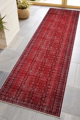 Burgundy Oushak runner Rug: Vintage Turkish Medallion Design, Turkish rug - Image 1 of 4