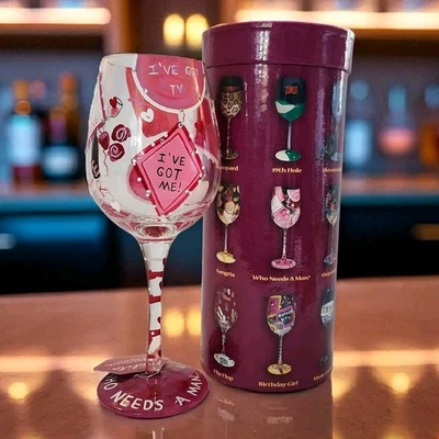 Lolita Love My Wine "Who Needs a Man" Glass 15oz Handpainted w/Box & Recipe  - Image 1 of 4