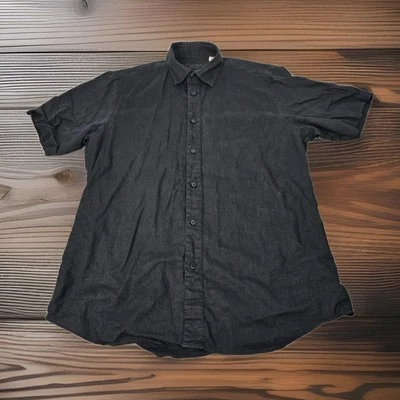 Platino De Marquis Shirt Mens M Black Button Up Short Sleeve Linen Cotton Blend - Image 1 of 4