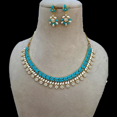 Elegant Indian 22K Gold Plated Turquoise  Pearl Necklace Jewelry Set Women Gifts - Image 1 of 4