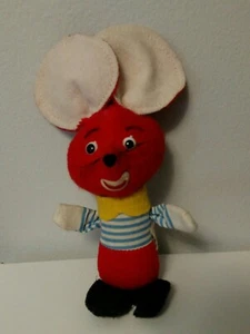 Vintage Red Felt MOUSE Mice Figure 6.25" Blue Striped Shirt Yellow Scarf JAPAN - Picture 1 of 7