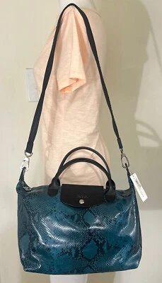 Longchamp Le Pliage Cuir Cedar Blue Python Embossed Leather Tote - Image 1 of 4