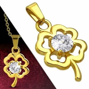 Four Leaf Clover Pendant With Rhinestones In Gold Steel - Picture 1 of 1