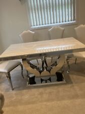 Italian Cream Marble Table 4 Cream Leather Chairs Matching Coffee Lamp Table