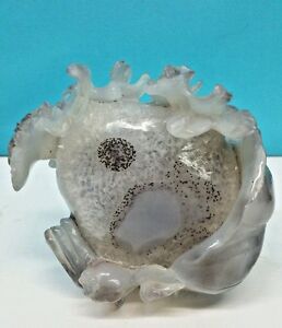 CHINESE HAND CARVED AGATE STONE LILY PAD WITH FLOWERS, IT LOOKS LIKE A FISH